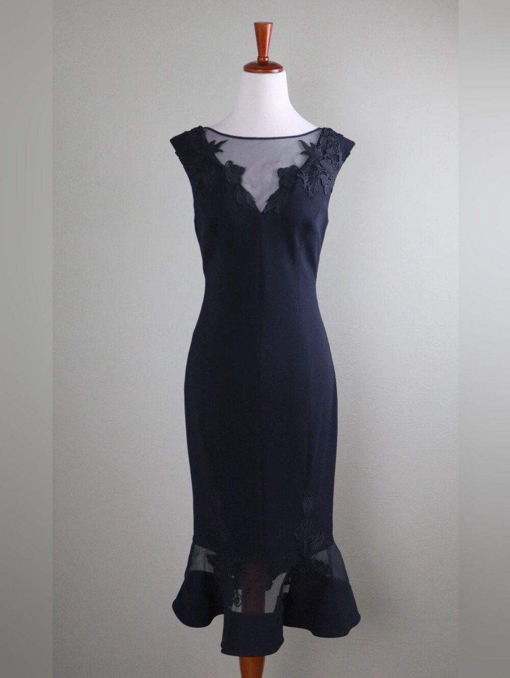 Elegant Black Sheath Dress with Sheer Yoke and Lace Appliqué